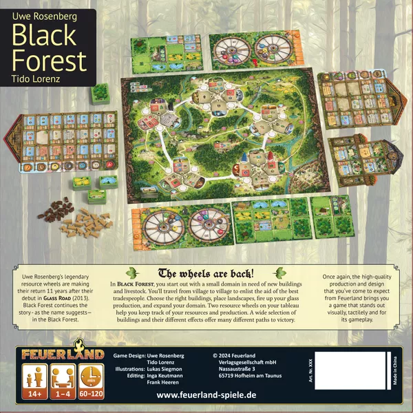 Black Forest board game layout featuring game components and instructions, perfect for Brettspiele enthusiasts.