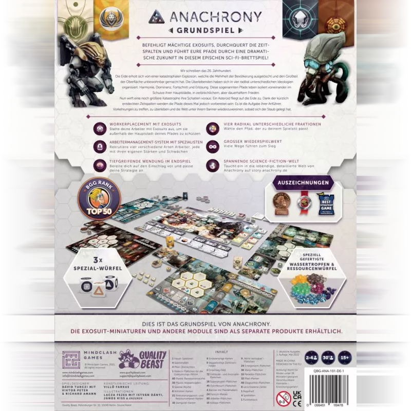 Anachrony Board Game back cover showcasing game components and factions for strategic gameplay.